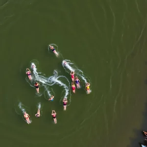 Participants swimming at the Beaufort River Swim event with spectators on the shore.