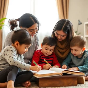 Mother and children participating in learning activities in a peaceful setting
