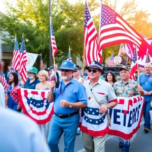 A parade celebrating Memorial Day in Beaufort with flags and community members