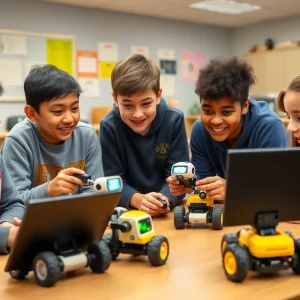 Middle school students coding and using programmable robots in class