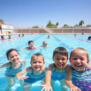 Children and adults learning swimming at a pool in Beaufort County