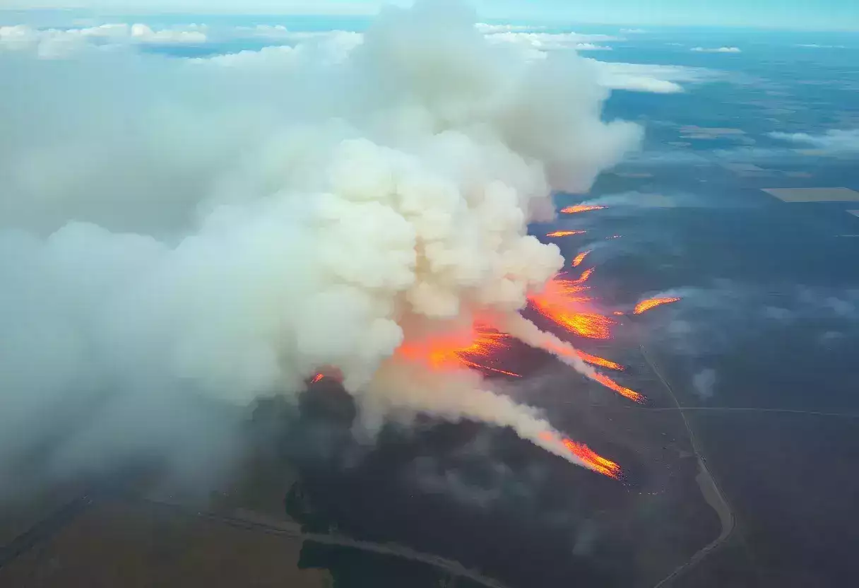 Aerial view of wildfires burning across prairie provinces in Canada.