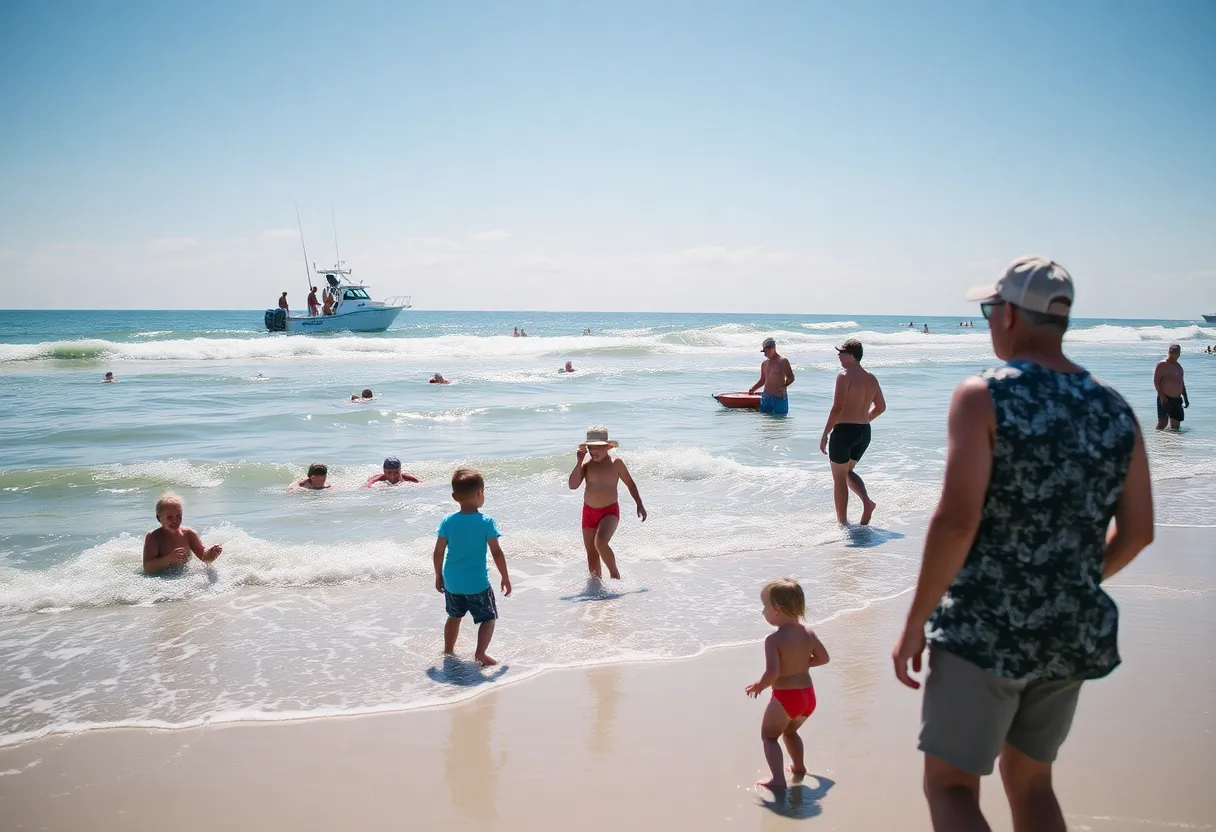 Families enjoying the sun on Beaufort beach with safety measures in place.