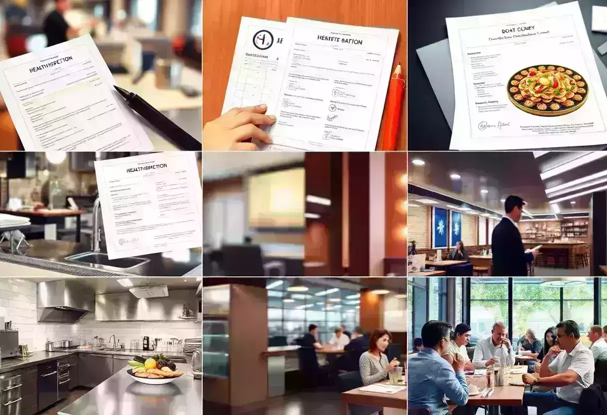 A visual representation of food safety inspections in restaurants with health inspection grades displayed.