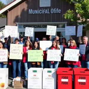 Protesters at the Beaufort County No Kings rally holding banners and donating food.