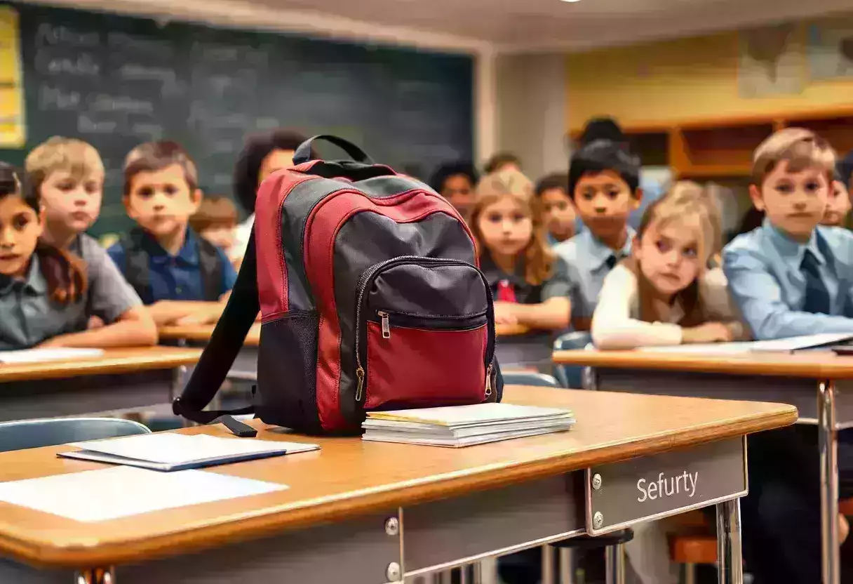 A backpack on a school desk amid discussions on safety.