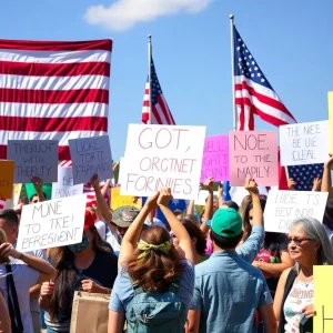 Peaceful protesters gathering during Flag Day in Beaufort with signs.