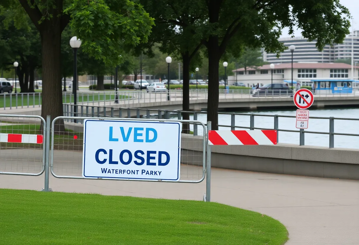 Closed section of Beaufort Waterfront Park with safety barriers