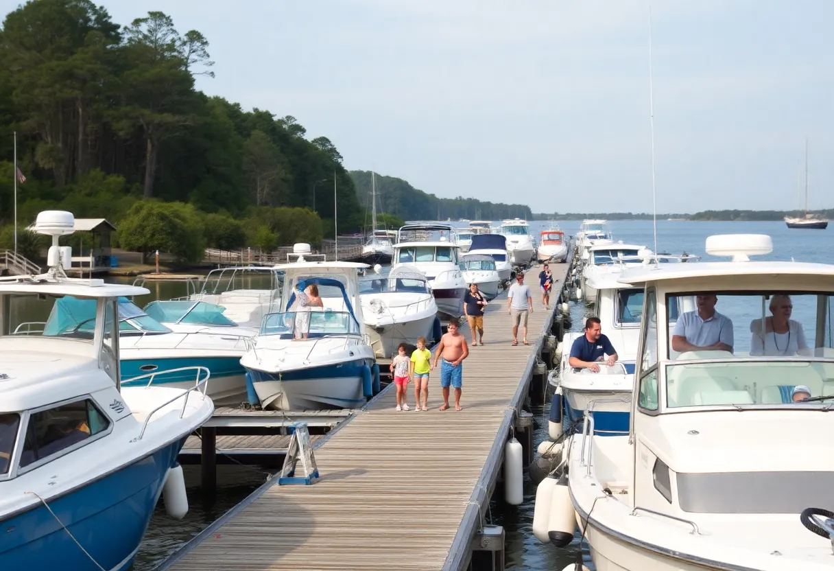 Families at Battery Creek Boat Landing during a courtesy boating inspection