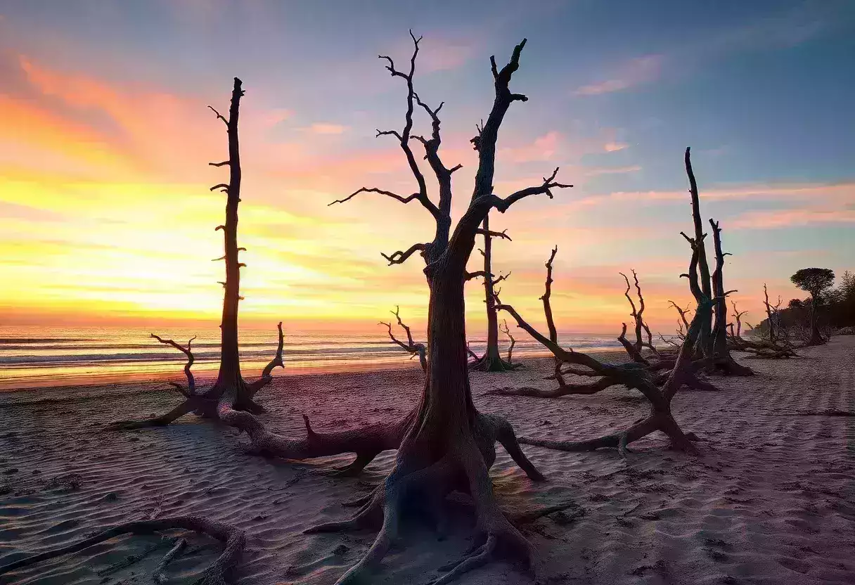 Skeletal trees on a boneyard beach at sunset