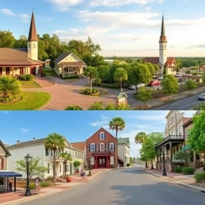 Scenic view of small towns in South Carolina with historic buildings and outdoor landscapes