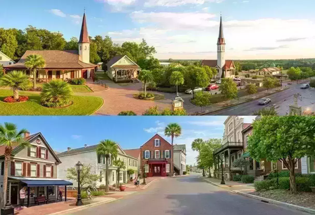 Scenic view of small towns in South Carolina with historic buildings and outdoor landscapes