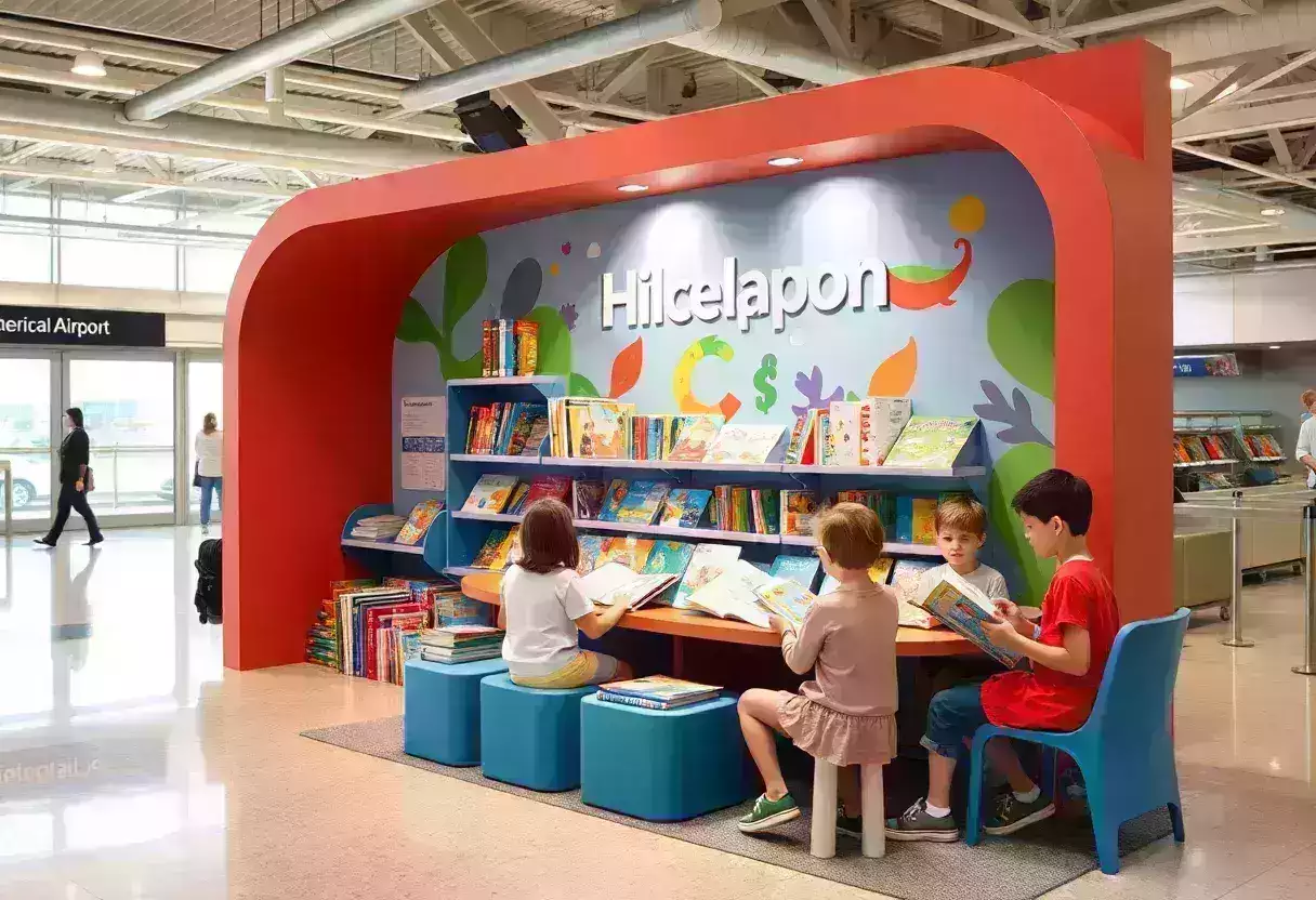 Children enjoying books in a book-sharing area at the airport