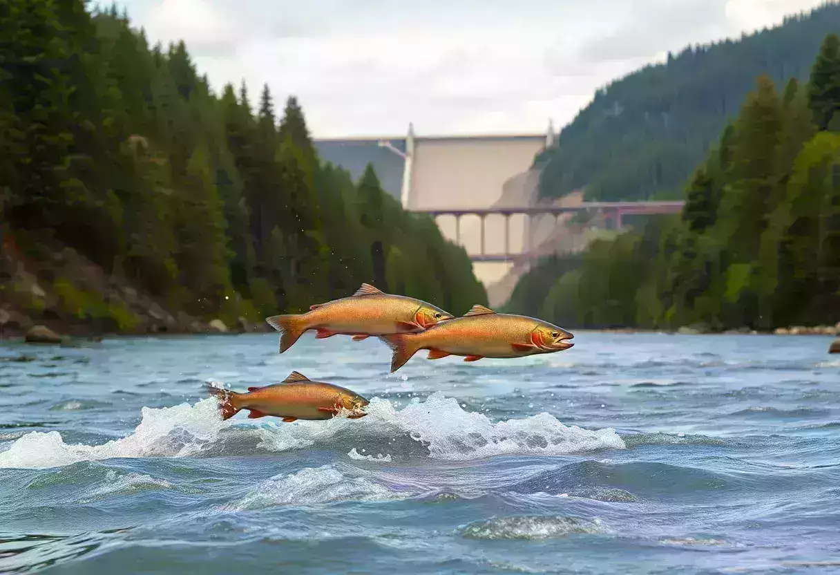 Scenic view of the Columbia River with salmon jumping