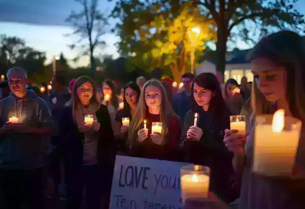A gathering of community members holding candles for missing teenagers.