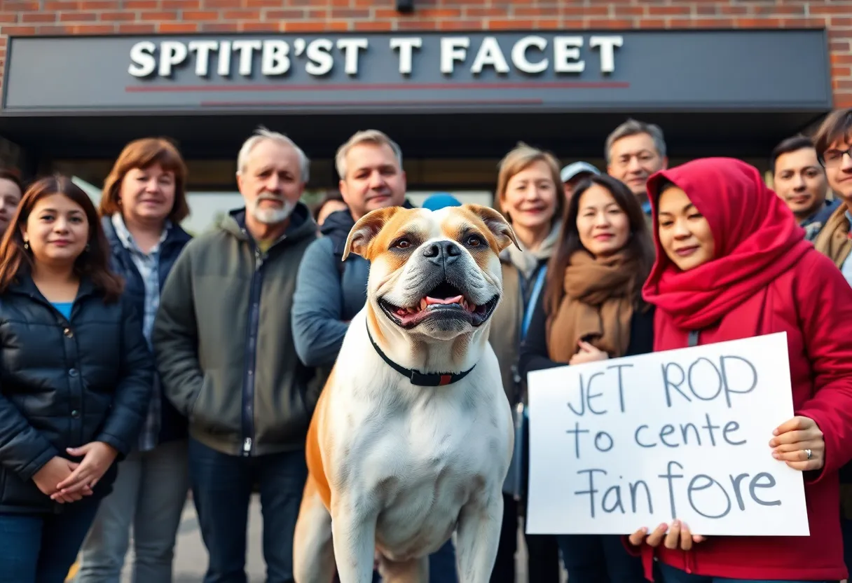 Community members gathering in support of a dog theft victim outside a veterinary clinic