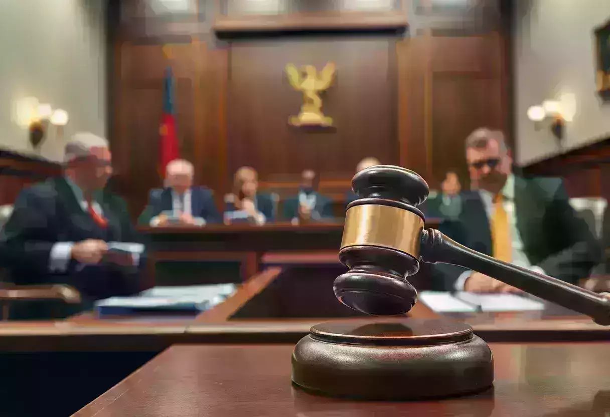 A courtroom setting depicting a legal case involving firearm laws.