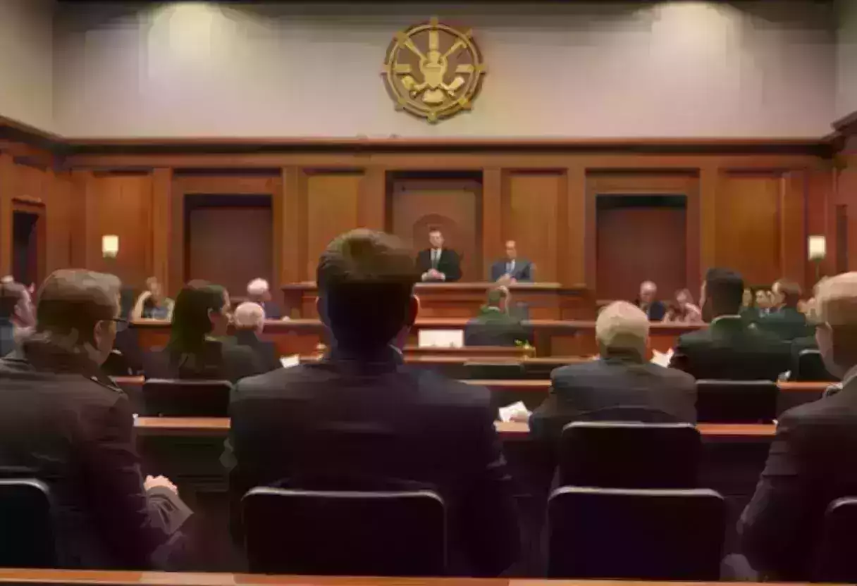 A courtroom scene during a trial for a serious crime.