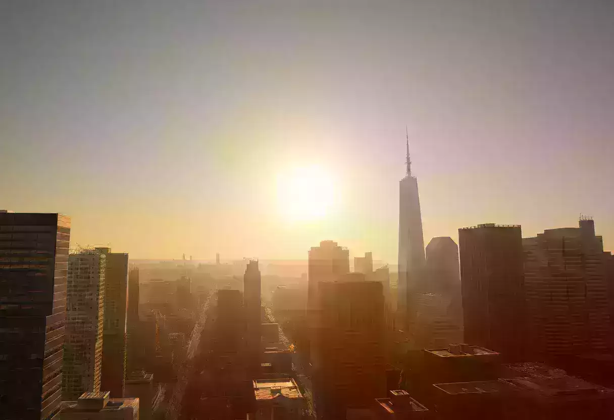 A city under the scorching sun representing a dangerous heat wave.