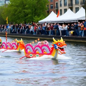 Dragon boats racing on the Beaufort River with spectators cheering on the shore.