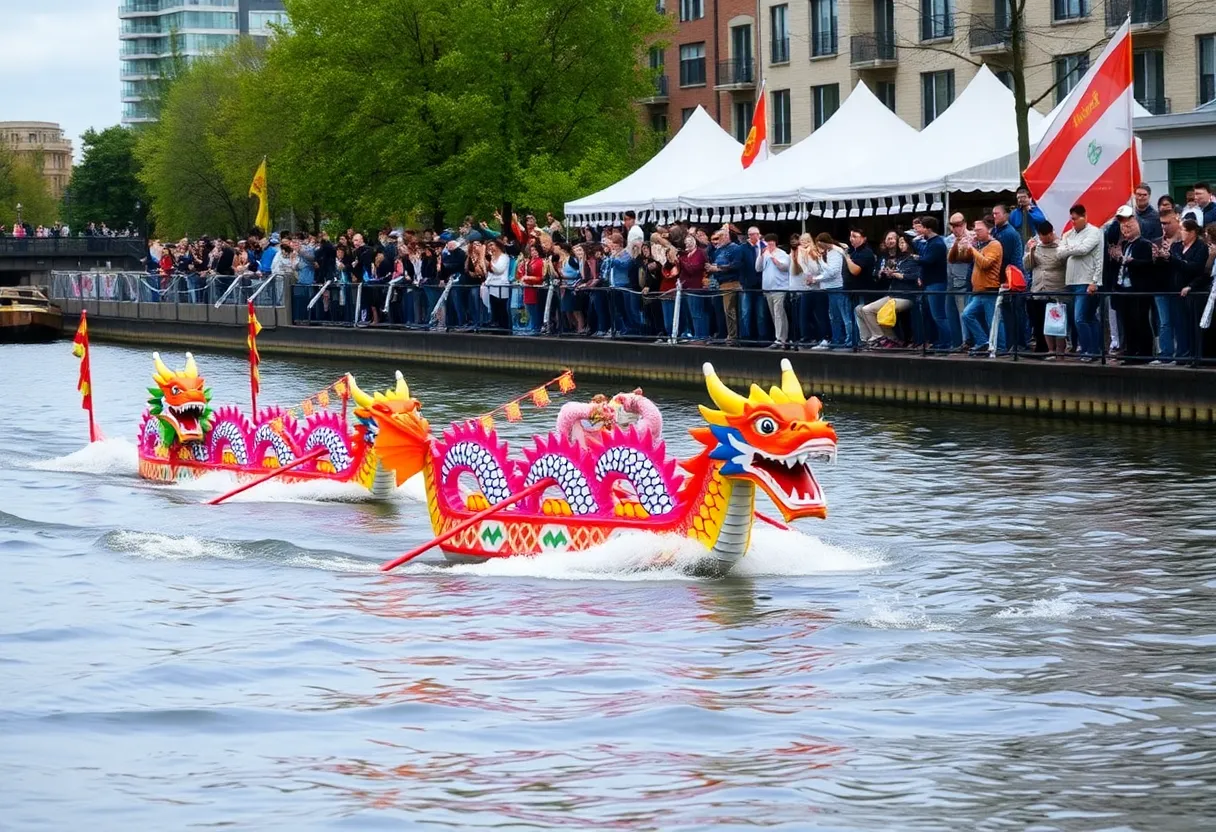 Dragon boats racing on the Beaufort River with spectators cheering on the shore.