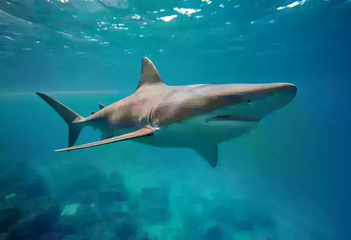 Dusky shark swimming in blue ocean waters
