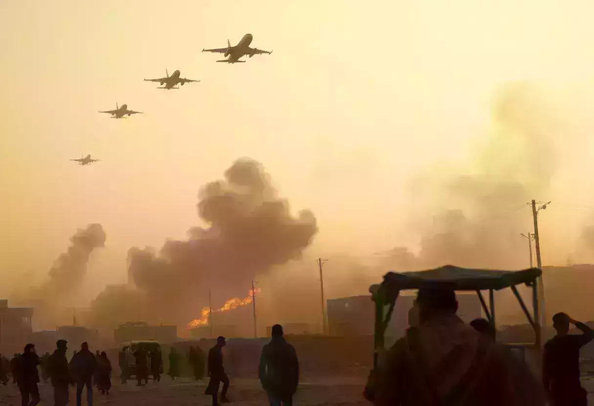 Military conflict scene in the Middle East with aircraft and smoke.