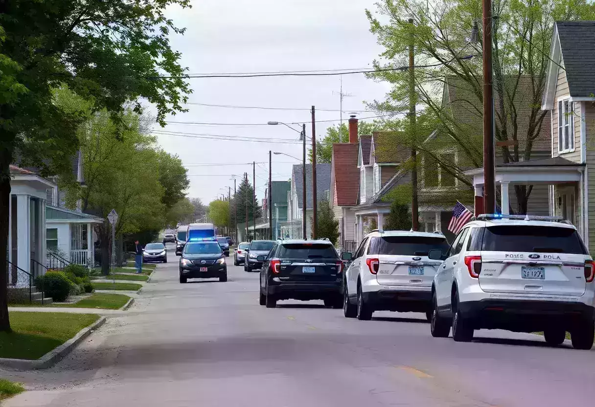 Quiet street in Green Isle, Minnesota with police presence