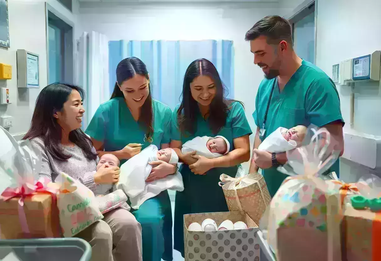 Families celebrating new births on Father's Day at the birthing center