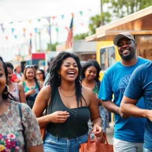 Community members enjoying Juneteenth celebrations with food trucks and live music.