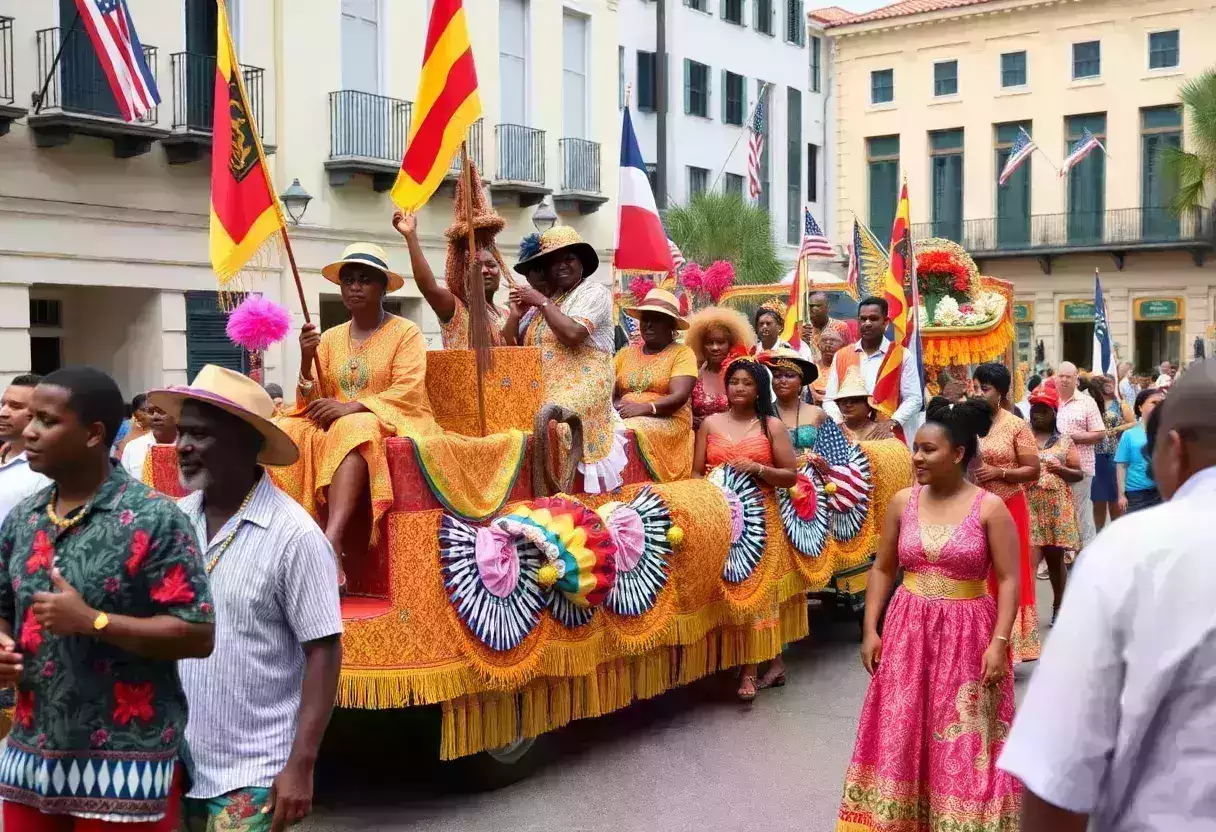 Participants of the Juneteenth Unity Parade in Beaufort displaying vibrant floats and traditional attire.