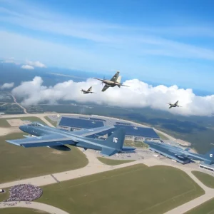 Aerial view of aircraft flying over Marine Corps Air Station Beaufort during an air show.
