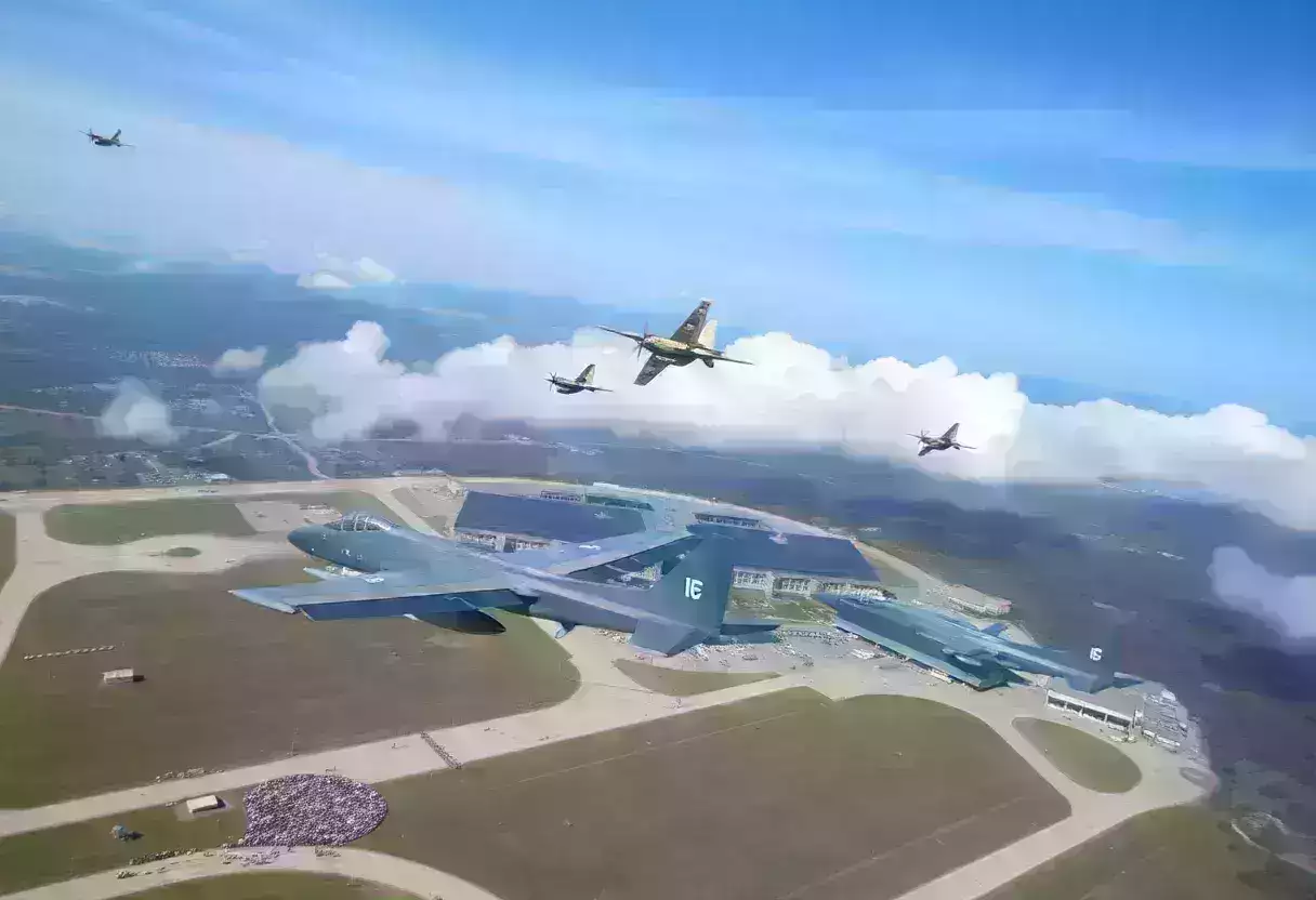 Aerial view of aircraft flying over Marine Corps Air Station Beaufort during an air show.