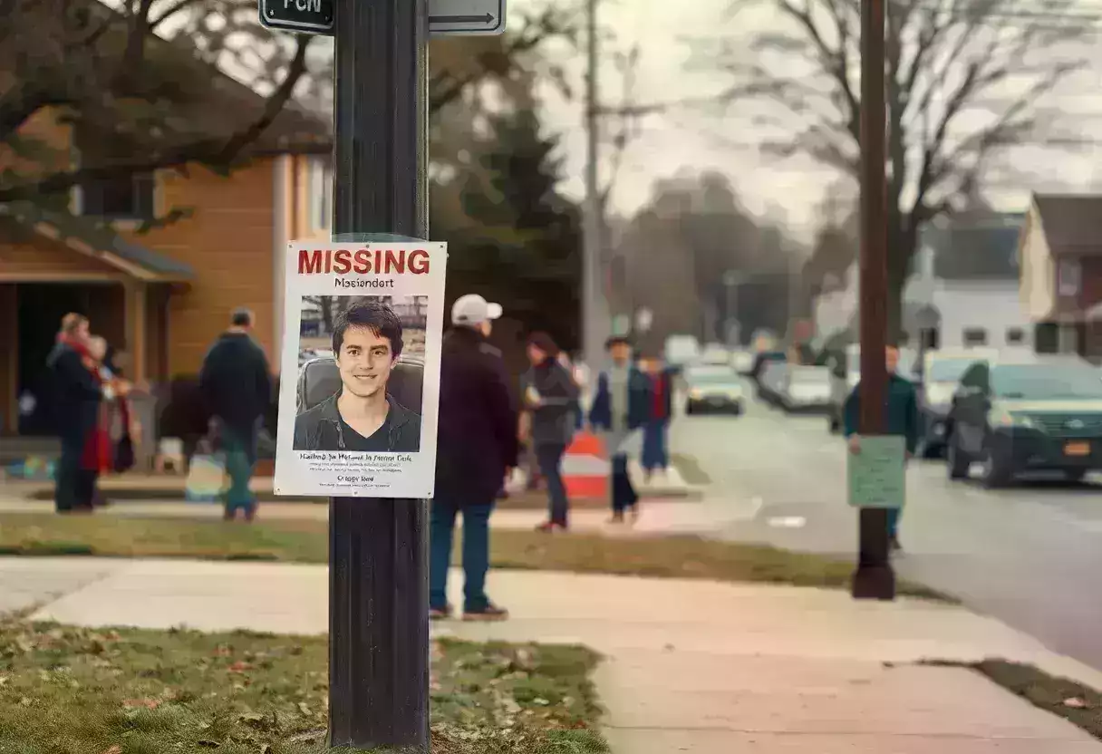 A missing persons poster with community members gathered around.