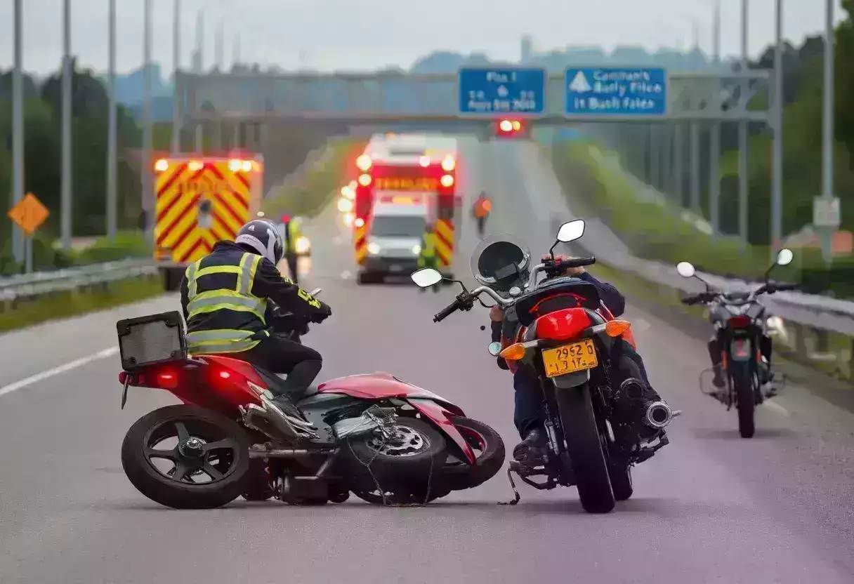 Scene of a motorcycle accident with emergency services present