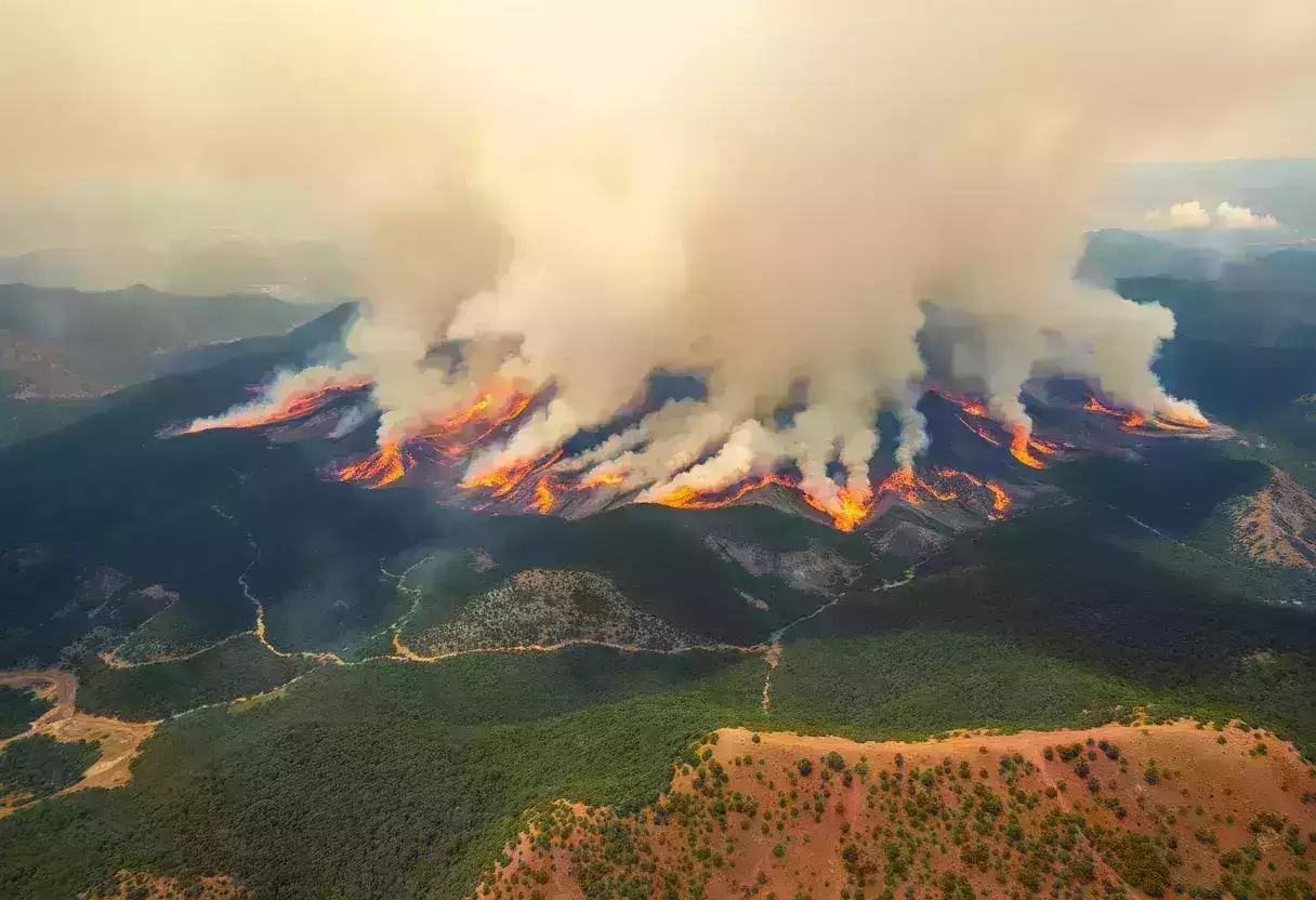 Aerial view of New Mexico wildfires burning large areas with smoke
