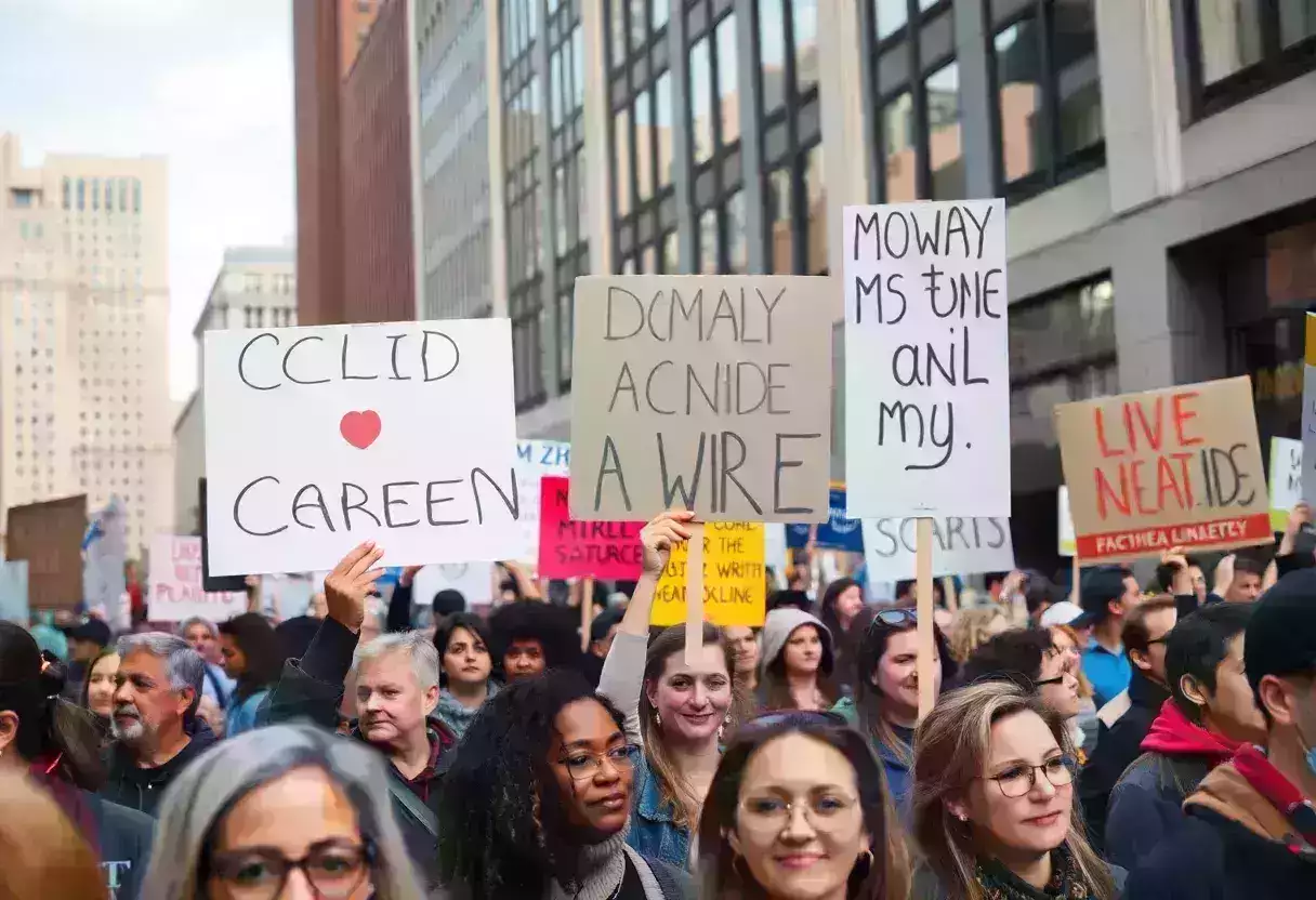 Crowd of protesters at No Kings Day rally holding signs