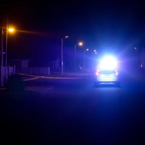 Police lights illuminating a dark suburban street during an investigation