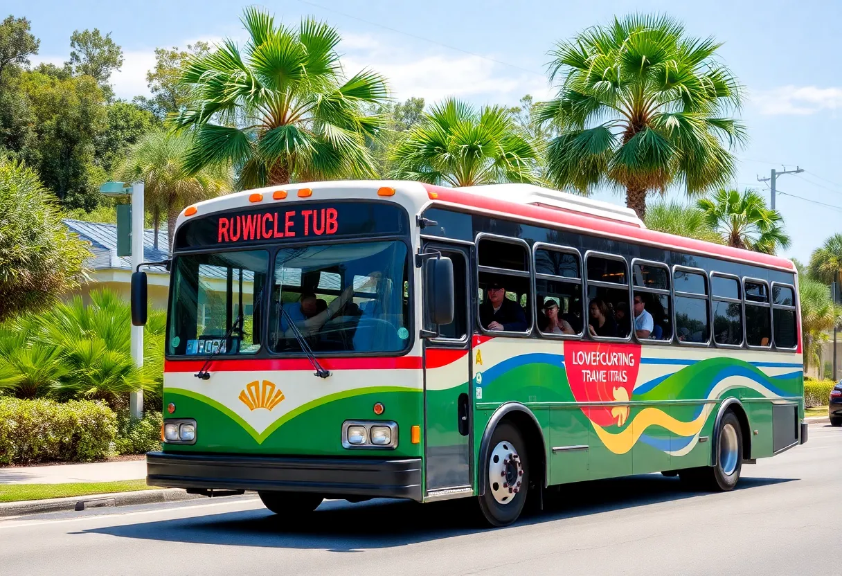 A bus operating in a scenic Lowcountry area with greenery and palm trees.