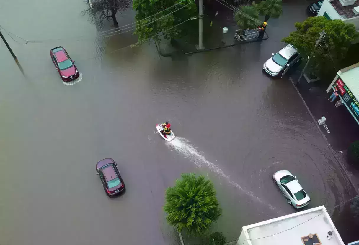 Aerial view of severe flooding in San Antonio with emergency rescue operations