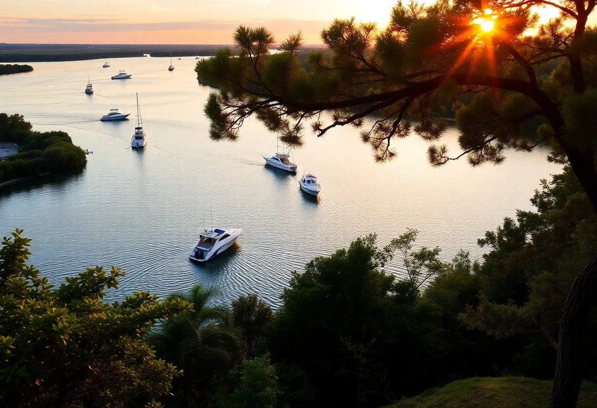 A scenic view of Skull Creek with boats, illustrating boating activity in Hilton Head Island.