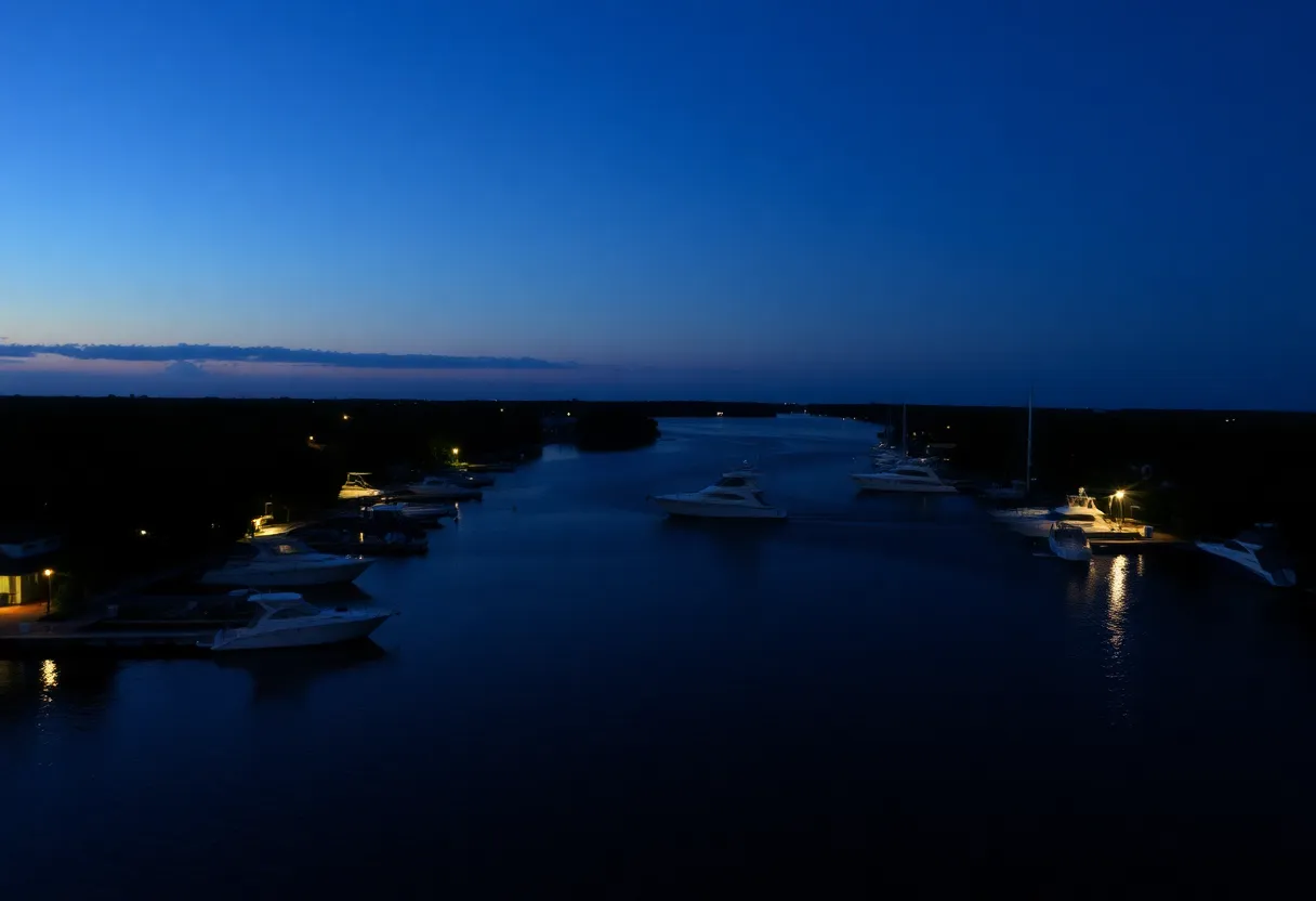 Night view of Skull Creek with boats