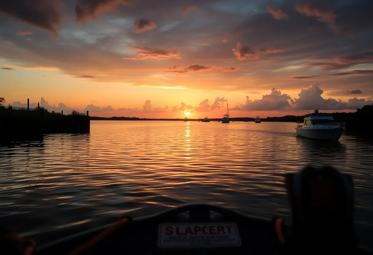 Sunset view of Skull Creek with boats, representing boating activities.