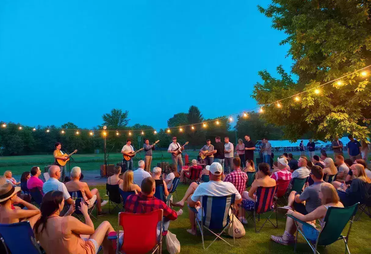 Outdoor concert featuring Southern Heat Band performing on the lawn.