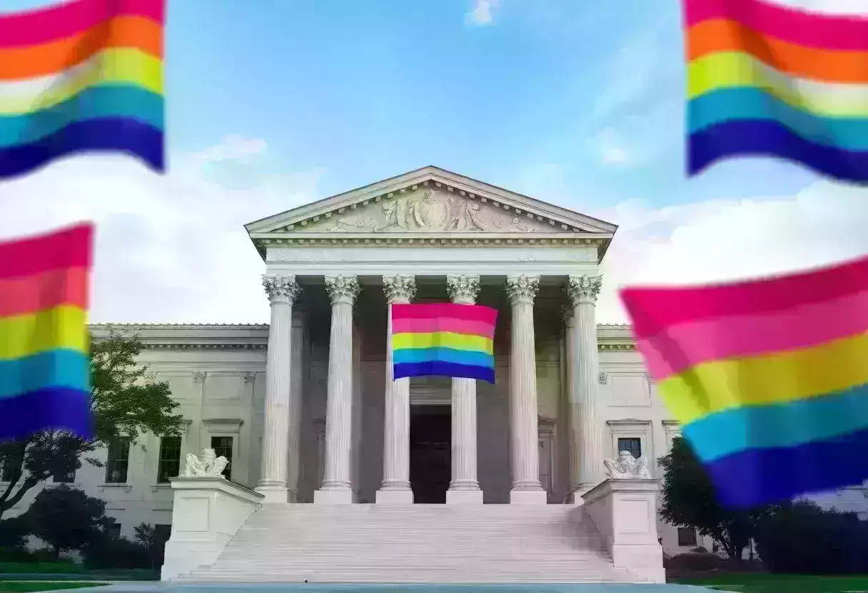 Supreme Court building with transgender pride flags