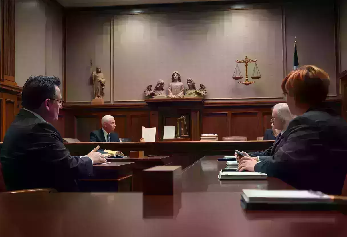 Courtroom scene depicting a ruling on the Ten Commandments law