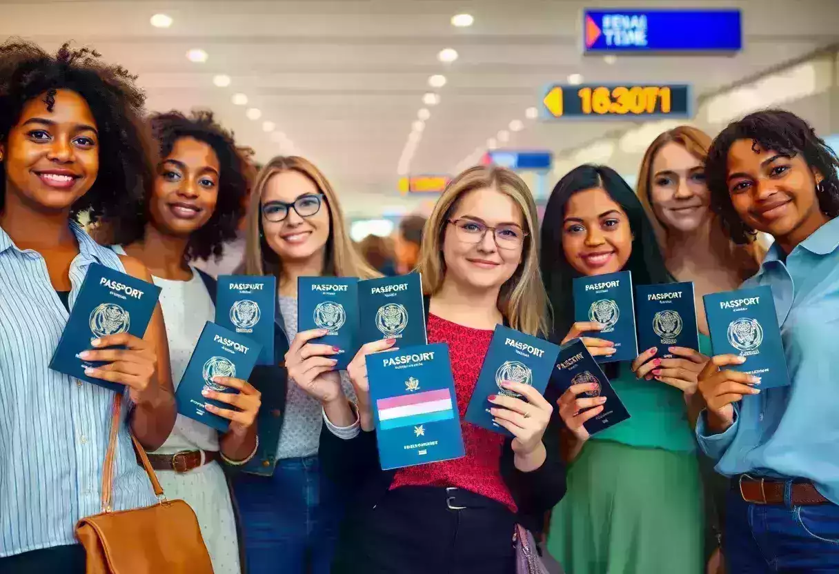 Group of diverse individuals holding passports with non-binary representation.
