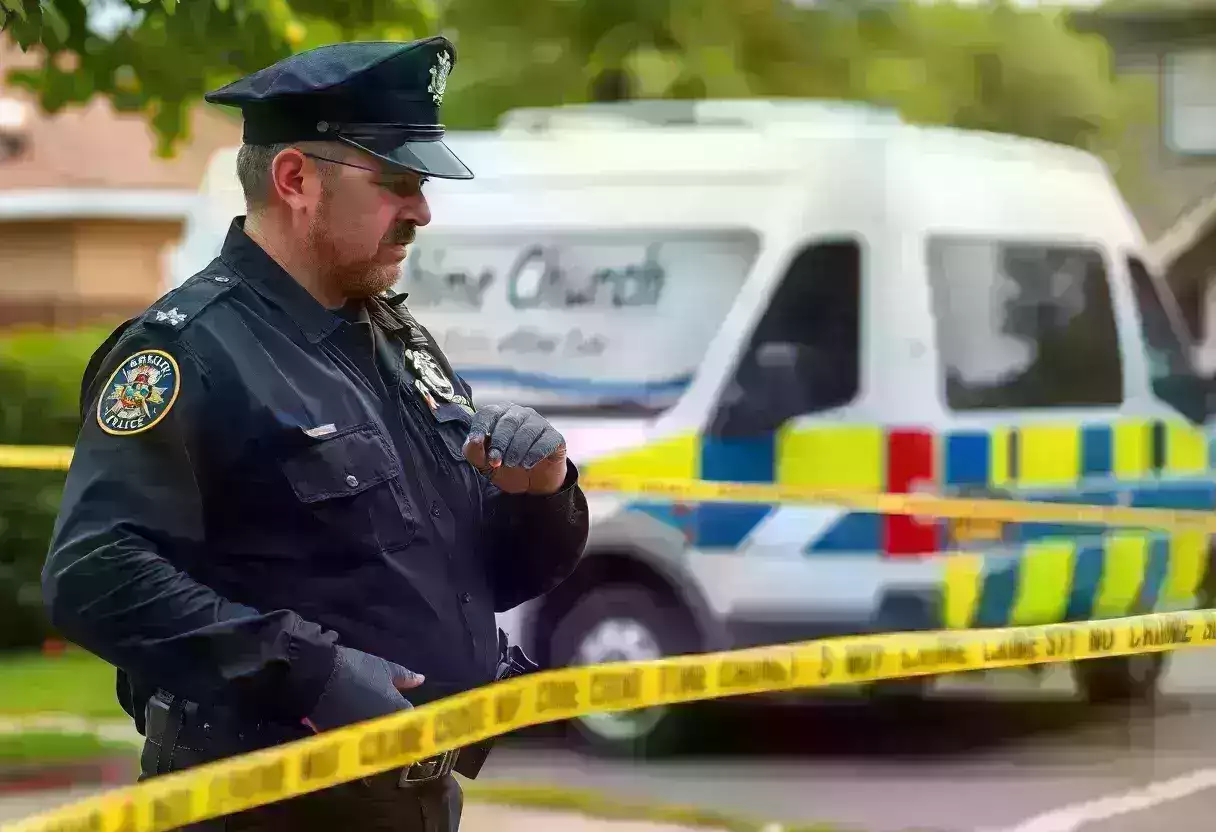 Police investigation scene outside a church with a van.