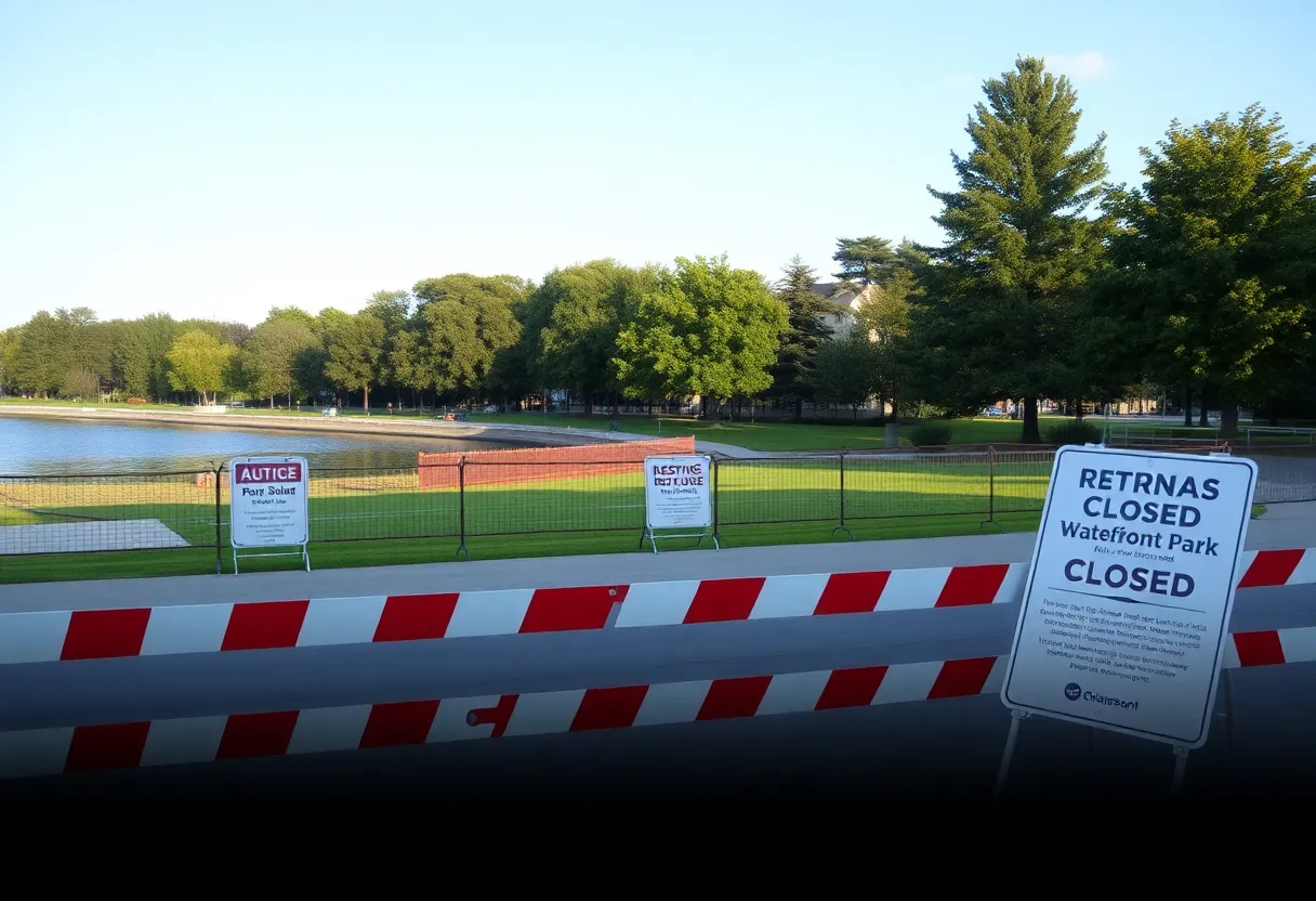 View of closed section at Henry C. Chambers Waterfront Park with safety barriers