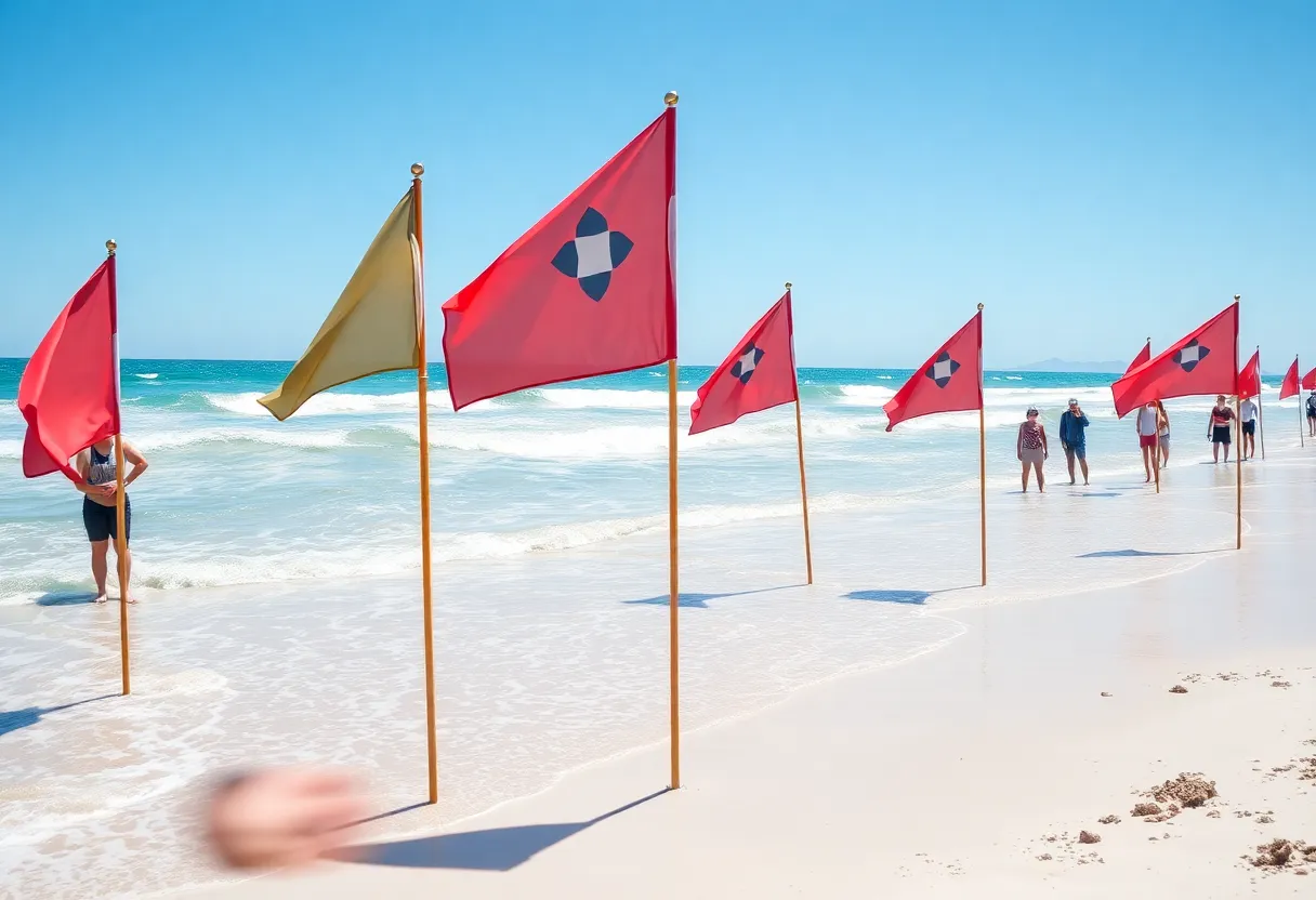 Beach scene with warning flags and people observing safety conditions